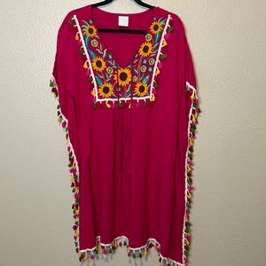 Embroidered Floral Tassled Swim Cover Shall | One Size
